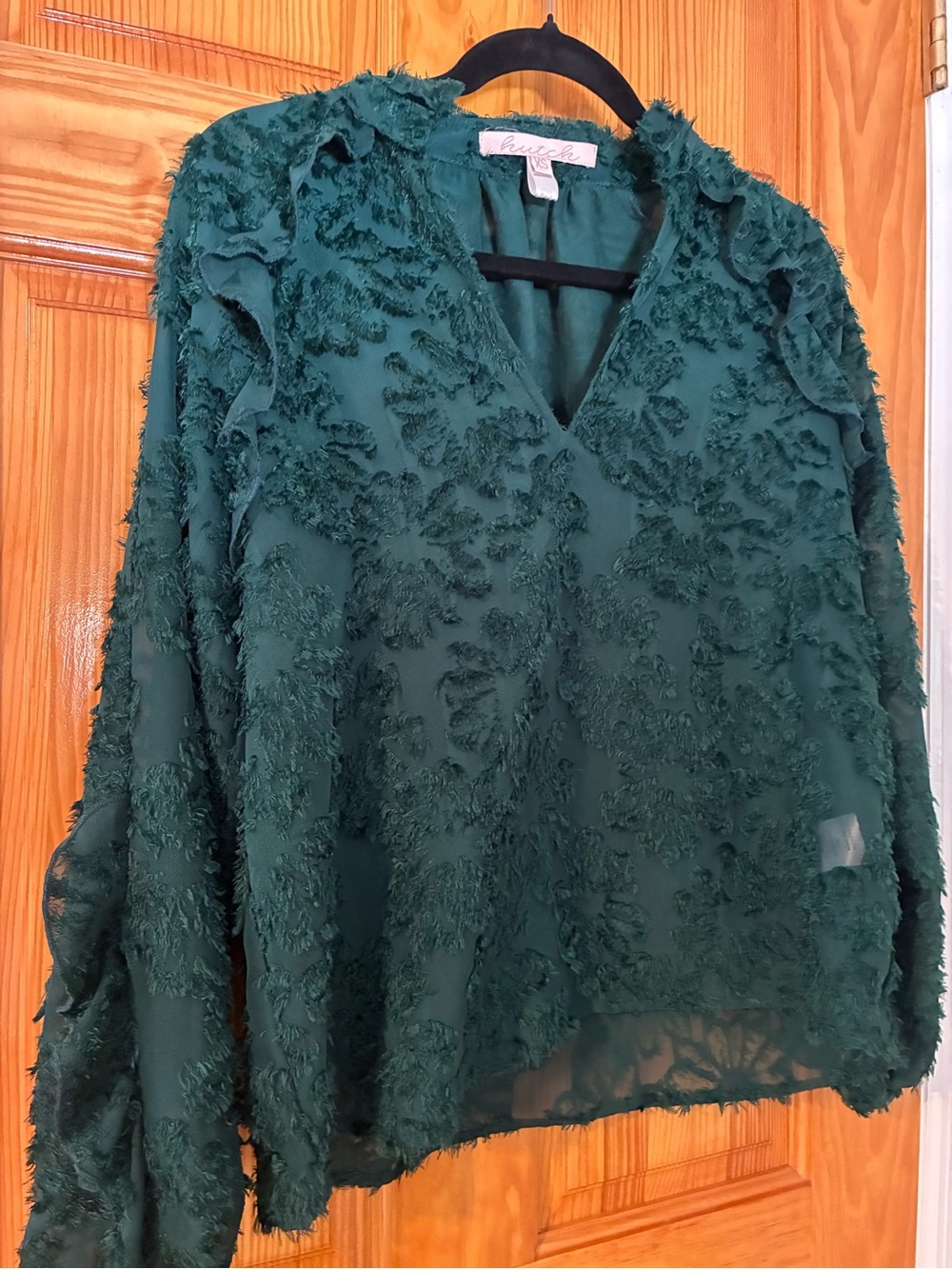 Hutch Dark Green V-Neck Ruffle-Texture Blouse